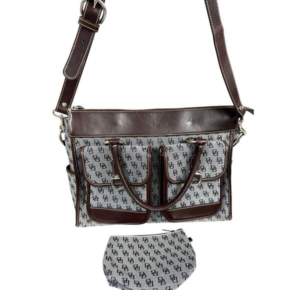 VTG Dooney & Bourke Monogram Double Pocket Tote Navy Canvas Leather Trim w Pouch - Picture 2 of 9